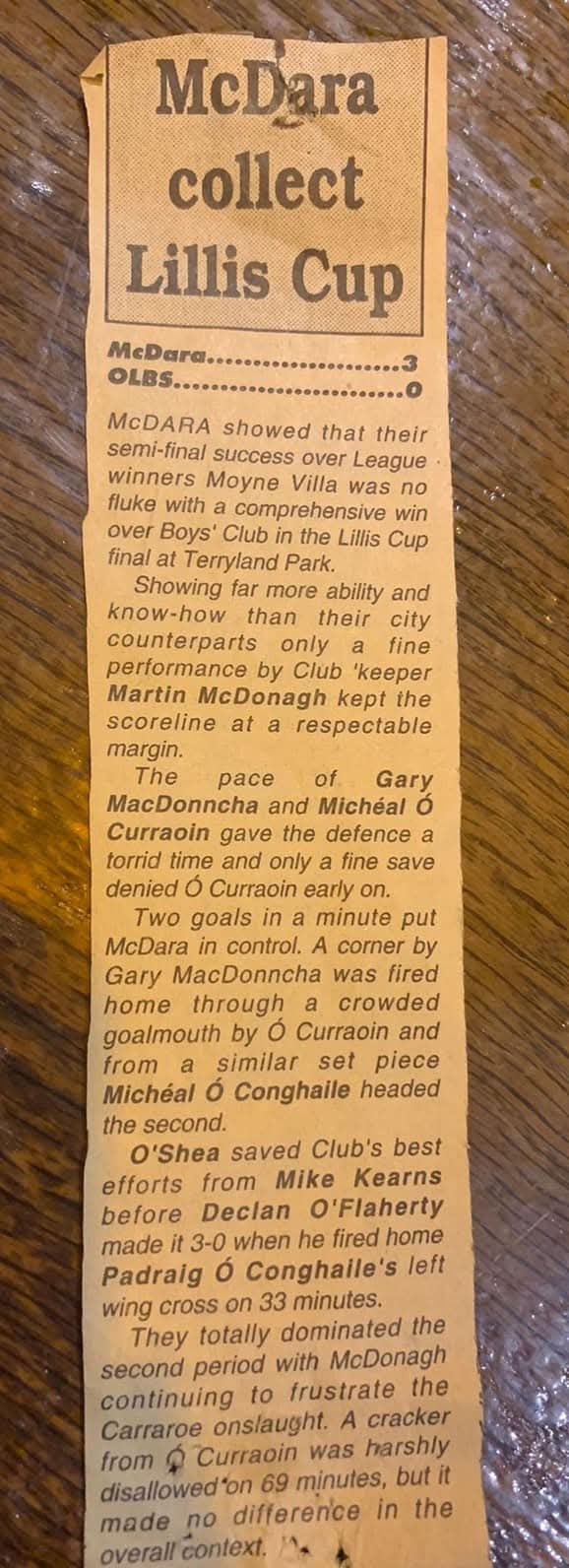 Tuairisc nuachtáin — McDara collect Lillis Cup
